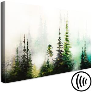 Obraz Malovaná krajina - zelený les jehličnanů zahalený hustou ranní mlhou