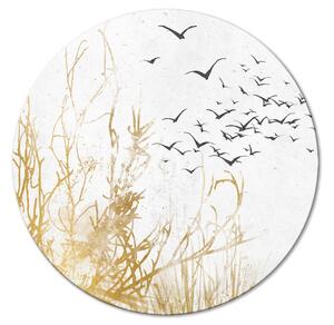 Kulatý obraz Ptáci v letu - klíč šedých hus na pozadí zlatých větviček
