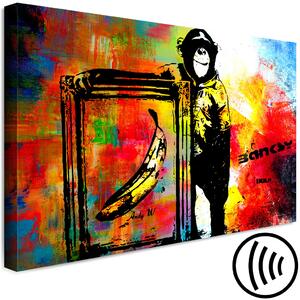 Obraz Opice s banánem (1-dílný) - graffiti ve stylu Banksy na barevném pozadí