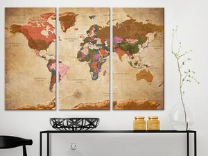 Obraz Hnědá elegance (3-dílný) - mapa světa a nápisy anglicky