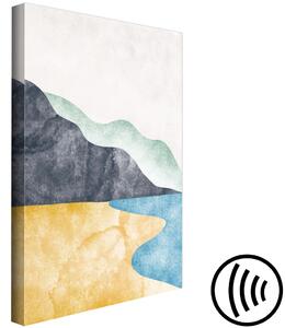 Obraz Abstraktní krajina - pláž, hory a oceán na pozadí světle šedé oblohy