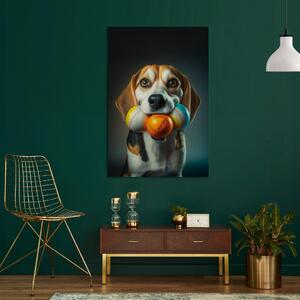 Obraz AI pes bígl - portrét mazlíčka se třemi míčky v tlamě - vertikální