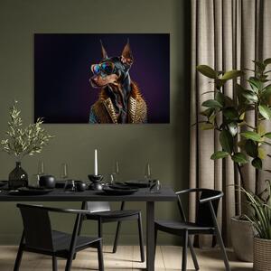 Obraz AI pes dobrman - fantasy portrét mazlíčka se stylovými brýlemi - horizontální