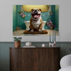 Obraz AI francouzský buldoček pes - zvíře čekající v barevné koupelně - horizontální