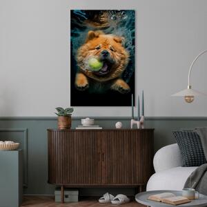 Obraz AI pes chow chow - plovoucí mazlíček s míčkem v tlamě - vertikální