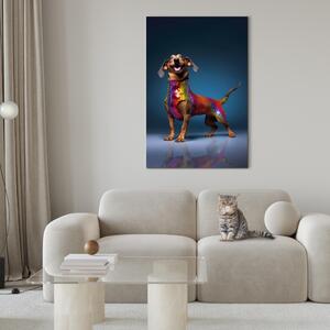 Obraz Pes jezevčík s umělou inteligencí - usměvavý domácí mazlíček v barevném převleku - vertikálně