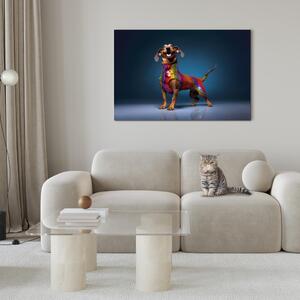 Obraz AI pes jezevčík - usměvavý domácí mazlíček v barevném převleku - úrovně