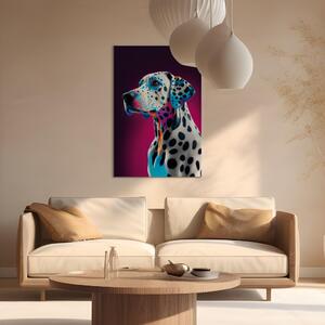 Obraz AI dalmatýnský pes - fialový pes v růžovém pokoji - vertikální