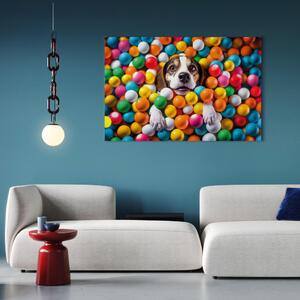 Obraz AI bígl pes - máchání zvířete v barevných míčcích - horizontální