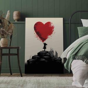 Obraz Červené srdce - postava s balonem na pozadí města v stylu Banksyho graffiti