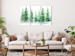 Obraz Stromy malované akvarelem - smrkový les v bílé a zelené barvě