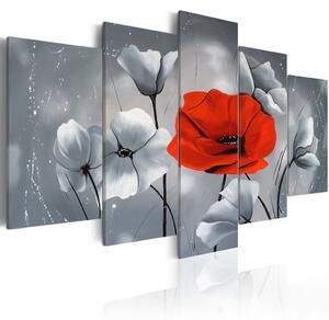 Obraz Výjimečnost (5 dílů) - šedý květinový motiv s červeným makem