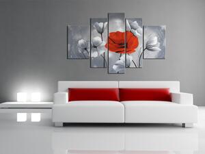 Obraz Výjimečný červený mak (5 dílů) - abstrakce s bílými květy
