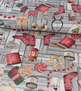 Loneta dekorační látka vánoční dekorace na šedých prknech | RTex