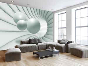 Fototapeta Prostorová abstrakce - světle-mátový tunel s třemi koulemi, iluze 3D