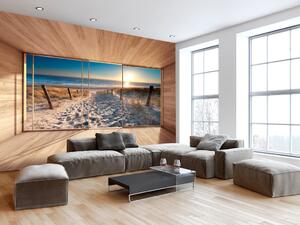 Fototapeta Pohled z okna - světlá krajina s pláží při východu slunce a efektem 3D