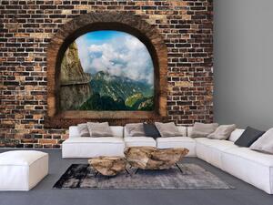 Fototapeta Futuristické okno - krajina s horami obklopenými oblaky a 3D efektem