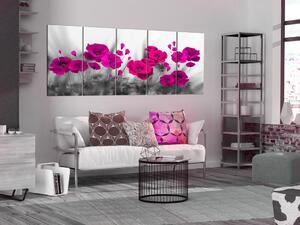 Obraz Polní květiny: máky (5-dílný) - šedo-růžová květinová kompozice