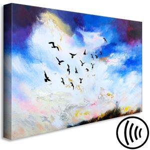 Obraz Mrak (1-dílný) - barevná jarní krajina polem s ptáky na obloze