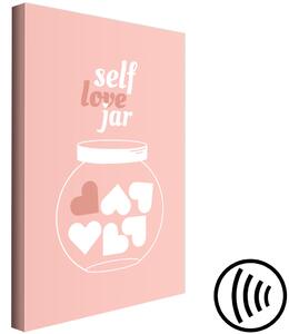 Obraz Self Love Jar (1-dílný) svislý - sklenice srdce a texty na pozadí