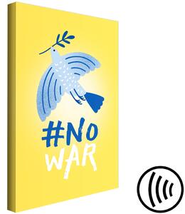Obraz Žádná válka (1-dílný) svislý - modrý pták na žlutém pozadí s nápisy