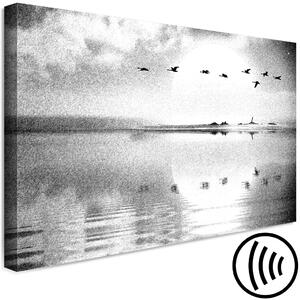Obraz Úlet ptáků nad jezerem (1-dílný) široký - černobílá krajina