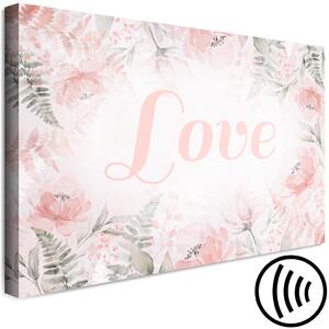 Obraz Láska (1-dílný) - Láska na růžovém pozadí s květinami a listy