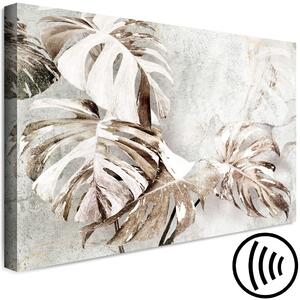 Obraz Monstera - dekorativní listy v odstínech sepie na bílém mramorovém pozadí
