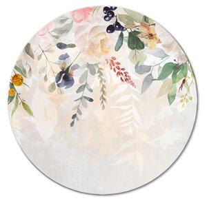 Kulatý obraz Rozkvět - jemné květy a listy na světle béžovém pozadí
