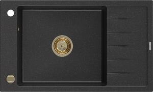 Mexen Elias, granitový dřez granitový 795x480x200 mm, 1-komorový, černá-stříbrná metalíza se zlatým sifonem, 6511791005-73-G