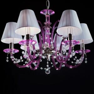 6-ti ramenný moderní fialový lustr s křišťálovými perlami a bílými stínitky