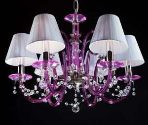 6-ti ramenný moderní fialový lustr s křišťálovými perlami a bílými stínitky