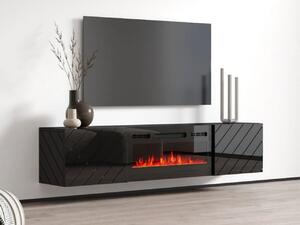 Závěsný TV stolek s elektrickým krbem WANDER - černý / lesklý černý