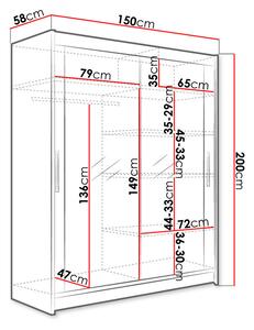 Šatní skříň 150 cm se zrcadlem a LED osvětlením ELADIO 11 - dub lanýž