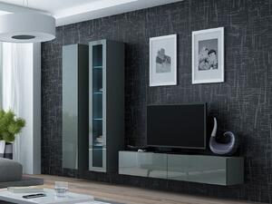 Obývací stěna s LED modrým osvětlením ASHTON 10 - šedá / lesklá šedá
