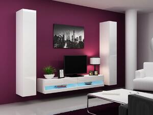 Stěna do obývacího pokoje s LED modrým osvětlením ASHTON N4 - bílá / lesklá bílá