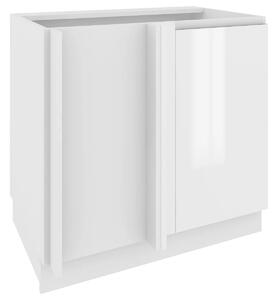 Prodloužená rohová skříňka IRENA - šířka 110 cm, lesklá bílá / bílá, nožky 15 cm, levá