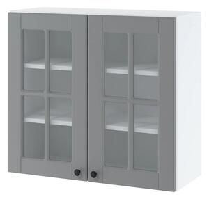 Dvoudveřová prosklená skříňka LESJA - šířka 80 cm, šedá / bílá