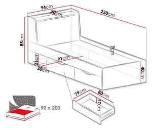 Jednolůžková postel se šuplíky 90x200 SAUTA - dub / antracitová