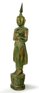Narozeninový Buddha, pátek, teak, zelená patina, 35cm