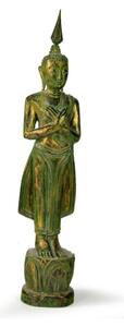 Narozeninový Buddha, pátek, teak, zelená patina, 35cm