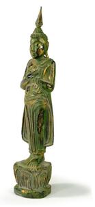 Narozeninový Buddha, pátek, teak, zelená patina, 26cm