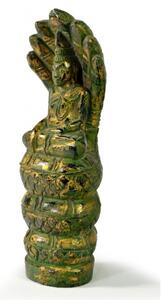 Narozeninový Buddha, sobota, teak, zelená patina, 26cm