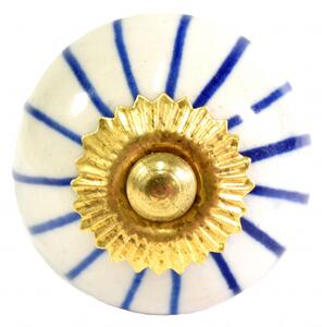 Malovaná porcelánová úchytka na šuplík, bílá s modrými proužky, průměr 3,7cm