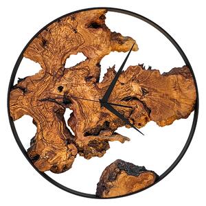Dřevěné hodiny -45cm, přírodní dřevo - oliva, černý kovový rám (45B78)