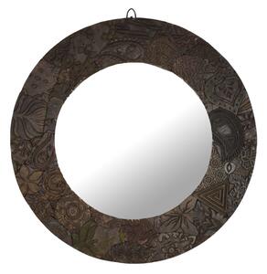 Zrcadlo v kulatém rámu z teakového dřeva zdobené starými raznicemi, 56x3x56cm