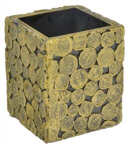 Dřevěná krabička na tužky zdobená mincemi, 10x10x13cm