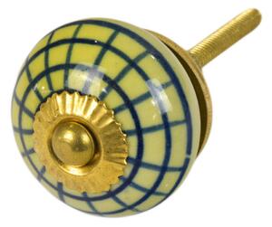 Malovaná porcelánová úchytka na šuplík, světle žlutá, modrá mřížka, 3,7cm