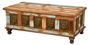 Truhla z teakového dřeva zdobená mosaznými Buddhy, 120x60x45cm