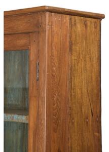 Prosklená skříň z teakového dřeva, tyrkysová uvnitř, 98x36x188cm